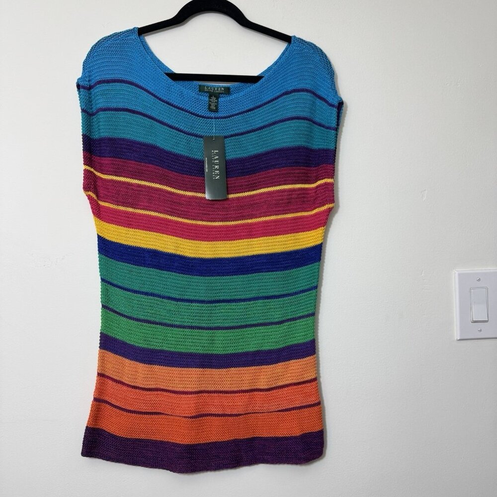Lauren Ralph Lauren Women’s Top Size L Rainbow Stripe Knit Summer Sweater New